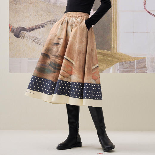 谜底原创印花半裙2025冬季新品纯棉亲肤A型大摆中长裙女254MB1704 商品图1