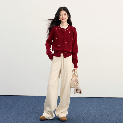 【11/19新品】熙世界磨姑刺绣红色毛衣短外套女韩系穿搭秋冬松弛感羊毛针织开衫 商品图2