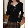 鹿向南「暮色罗曼」黑色V领长袖T恤女秋冬新款气质显瘦打底衫上衣 商品缩略图3