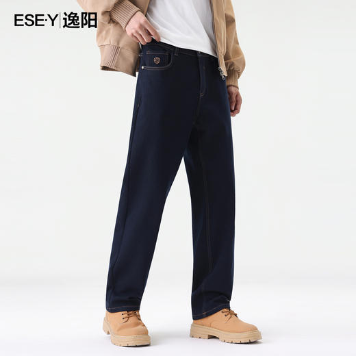 【逸阳男裤-深蓝色-加绒-直筒牛仔】逸阳冬款加绒不易褪色保暖牛仔直筒裤1618 商品图4