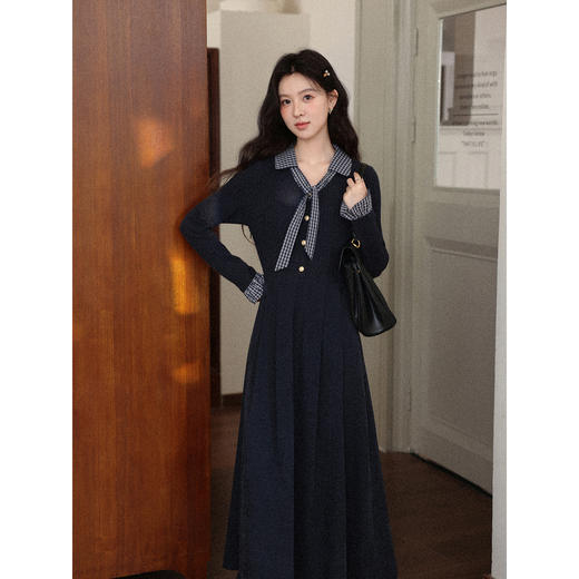 鹿向南「一念清净」韩系气质藏青色连衣裙女秋冬假两件针织打底裙 商品图2
