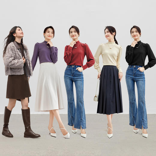 【内购】时尚气质舒适装饰链条灯笼袖肩部分割半高领针织衫-143H56768X 商品图3