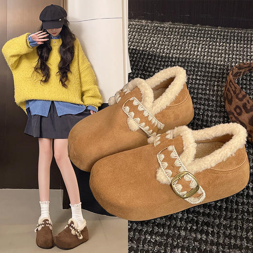 冬季加绒【复古刺绣花边勃肯鞋】一字扣雪地靴加绒保暖棉鞋 商品图1
