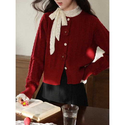 鹿向南「逸致闲情」法式减龄酒红色开衫毛衣女2025秋冬宽松短上衣 商品图1