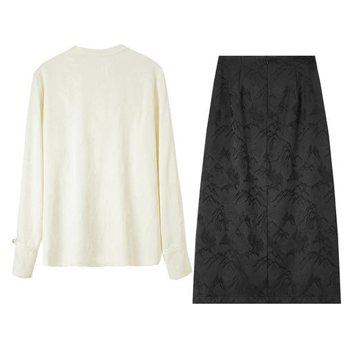 【内购】【免搭配】优雅通勤国风立领缎感提花衬衫&竹叶提花半身裙-151Z80310Z 商品图1