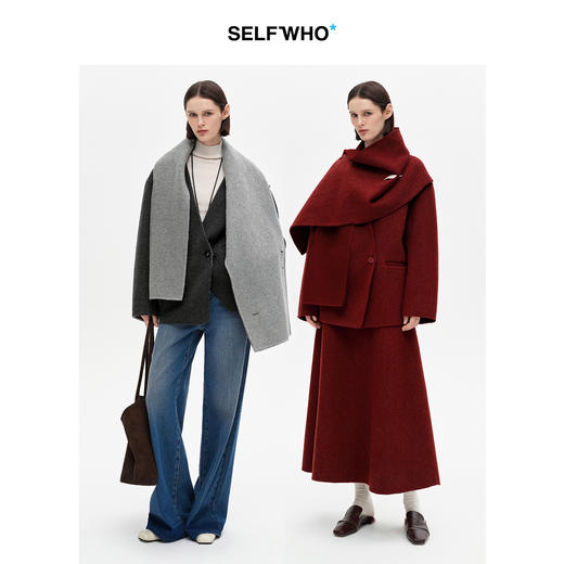 SELFWHO100%绵羊毛撞色双面呢外套女2025冬季新款宽松围巾领大衣 商品图1
