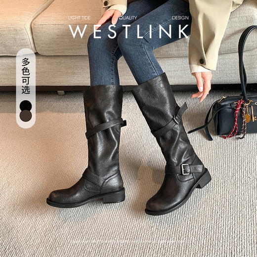 西遇不过膝长筒靴女新款秋冬复古英伦风骑士靴圆头粗跟长靴子V2257245 商品图0