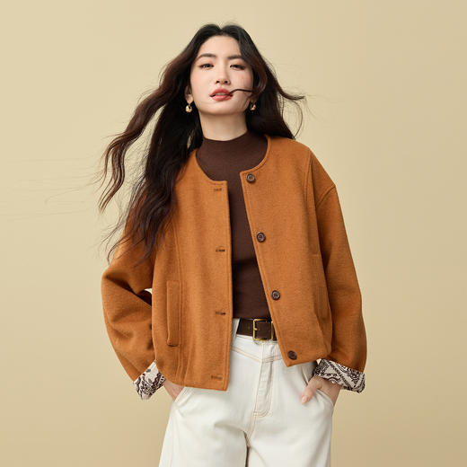 【周末秒杀】熙世界小香风花苞毛呢短外套女小个子秋冬季印花袖口圆领夹克上衣 商品图3