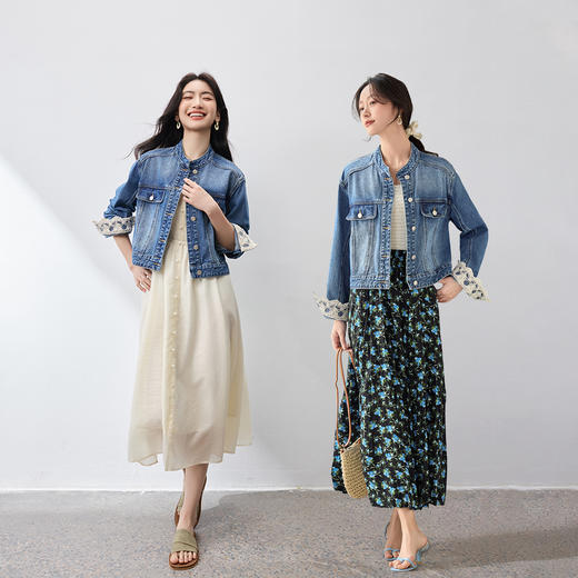 【内购】【拼接花边】活力丹宁都市通勤立领落肩袖宽松显瘦新疆棉牛仔外套-W53WD3695X 商品图2