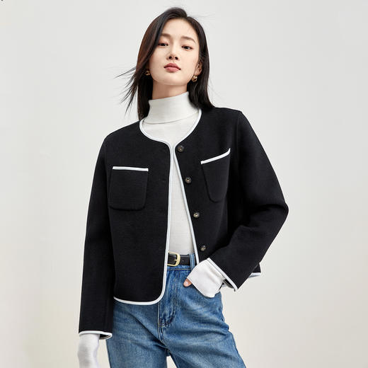 【内购】大气简洁不挑人休闲圆领舒适保暖撞色小香风双面呢外套-W54OF3637X 商品图1