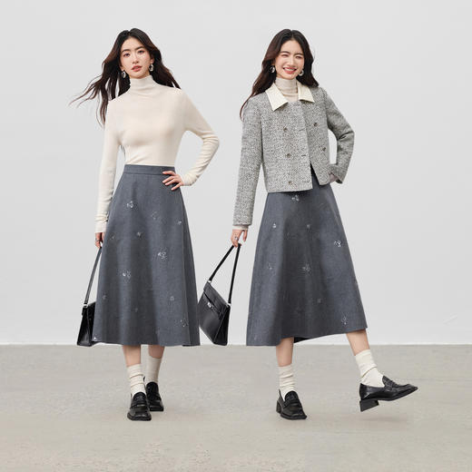 【内购】【五好裙】时尚洋气松紧腰珠片绣花遮肉显瘦A字伞裙半身裙-154QG3479 商品图2