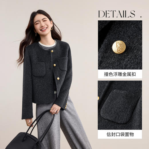 【内购】【100%绵羊毛】小个子通勤圆领金属扣合身保暖厚双面呢外套-W54OG3300X 商品图3
