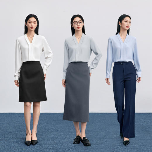 【内购】【三色可选】轻职场通勤V领翻折设计显瘦轻盈垂坠麻感雪纺衬衫-153CB8811X 商品图2