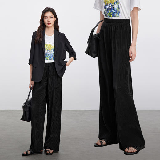 【内购】【都市简约通勤长裤】上班族通勤OL松紧腰显瘦压褶阔腿裤-151K58967X 商品图2