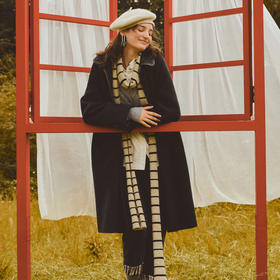 谜底大廓形大衣长袖2025冬季新品绵羊毛复古牛仔拼接女254MD1708