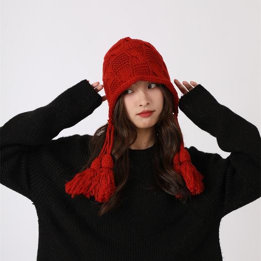 秋冬帽子女百搭流苏铃铛毛线帽秋冬保暖护耳红色手工针织帽 商品图0