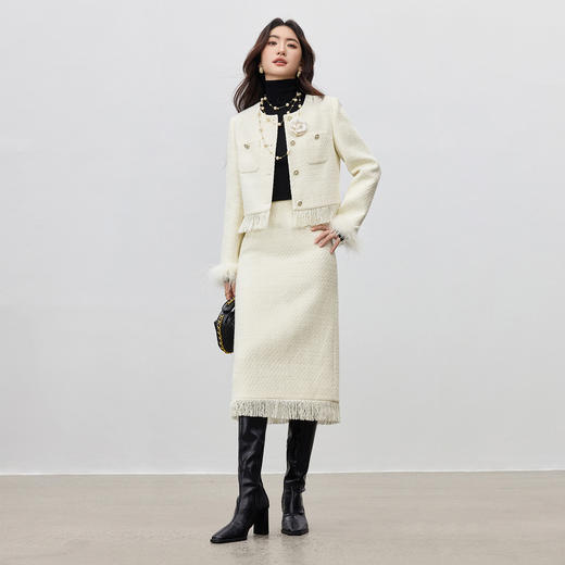 【内购】【免搭配套装】优雅小香风通勤厚保暖圆领垫肩外套中腰开叉直筒裙-154ZA3736 商品图2