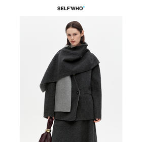 SELFWHO100%绵羊毛撞色双面呢外套女2025冬季新款宽松围巾领大衣