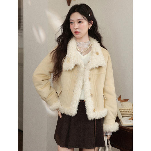 鹿向南「烟波浩渺」法式千金风黄色短外套女2025秋冬宽松厚款开衫 商品图0