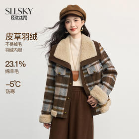 【11/19新品】熙世界白鸭绒内胆羊毛呢短外套女2025冬季新款翻领复古格纹羽绒服