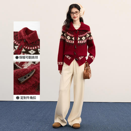 【11/19新品】熙世界复古学院风费尔岛针织开衫女秋冬宽松设计感牛角扣毛衣外套 商品图1