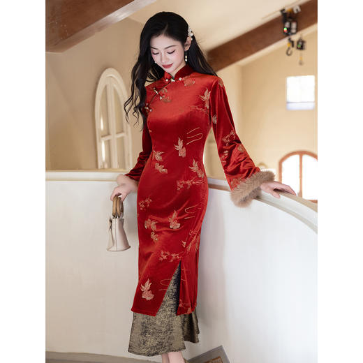 红色好运锦鲤新中式改良旗袍，新年服气质优雅鱼尾裙LSB4279 商品图3