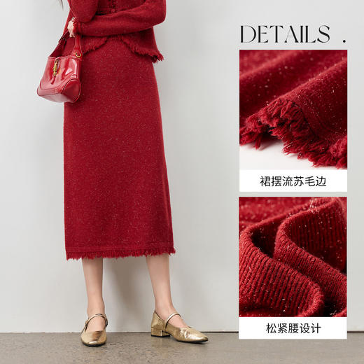 【内购】【流苏毛边】优雅通勤聚会节日松紧高腰厚超弹亮丝珊瑚绒A字裙-W54QA3794 商品图3