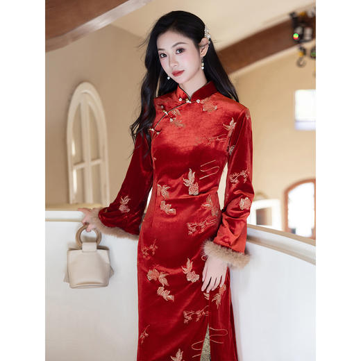 红色好运锦鲤新中式改良旗袍，新年服气质优雅鱼尾裙LSB4279 商品图4