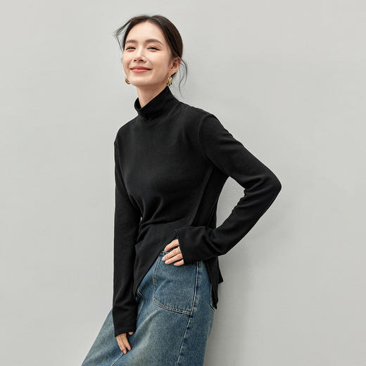 【内购】都市白领半高领糯舒适直筒落肩分割线开叉下摆针织外穿型打底衫-144T57233 商品图1