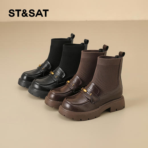 星期六加绒时髦压纹学院风袜筒靴SSD4118T45 商品图4