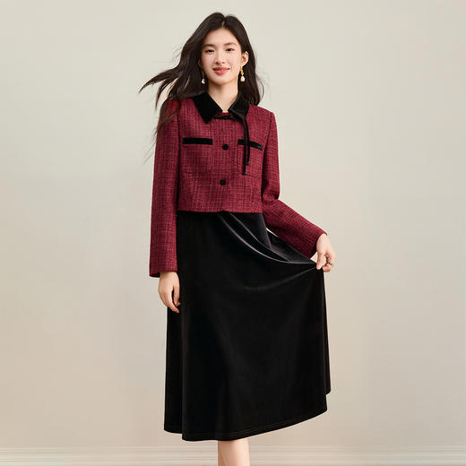 【内购】【免搭配套装】通勤小香风撞色翻领夹棉保暖短外套&丝绒吊带裙-154ZB3683 商品图2