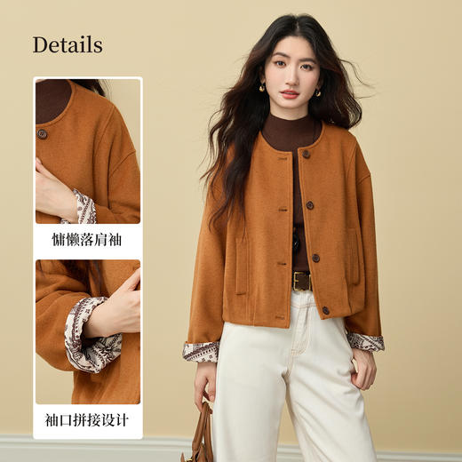 【周末秒杀】熙世界小香风花苞毛呢短外套女小个子秋冬季印花袖口圆领夹克上衣 商品图1