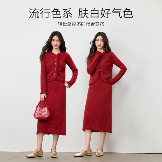 【内购】【流苏毛边】优雅通勤聚会节日松紧高腰厚超弹亮丝珊瑚绒A字裙-W54QA3794 商品图2