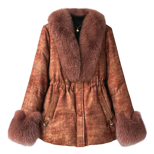 SR 266329狐狸毛皮草中长款显瘦白鹅羽绒服外套国风提花 商品图4