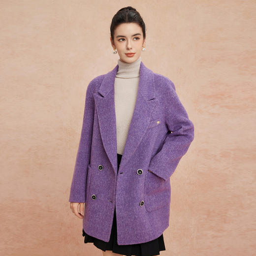 QH912斯尔丽2025新款薄滑爽软糯双面呢杂花一手长双排扣大衣 商品图0