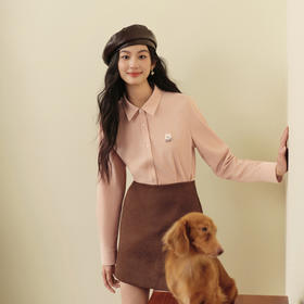 【严选】诗凡黎小狗刺绣粉色翻领衬衫2025冬新款宽松百搭减龄通勤长袖上衣7GB221071