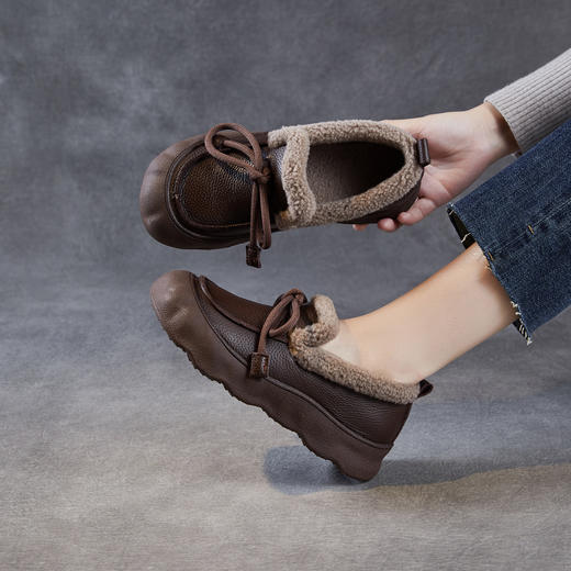 加绒保暖系带厚底休闲头层牛皮，复古平底毛毛棉鞋ZM258718 商品图1