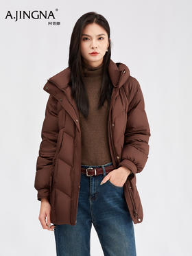 【气质美拉德】阿菁娜冬季新款高领连帽锁温设计立裁蓬松廓形金属暗扣防风羽绒服F30D516011