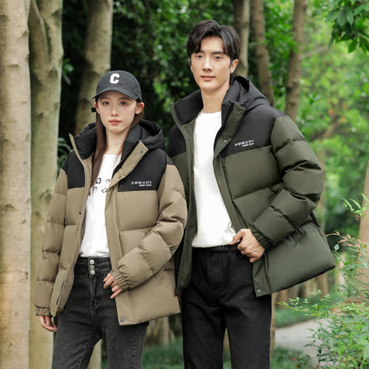 半身缘男女装 冬季男女同款情侣款连帽撞色拼接户外肌理感格纹羽绒服2556 商品图1