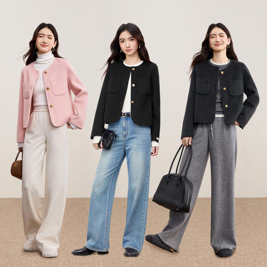 【内购】【100%绵羊毛】小个子通勤圆领金属扣合身保暖厚双面呢外套-W54OG3300X 商品图2