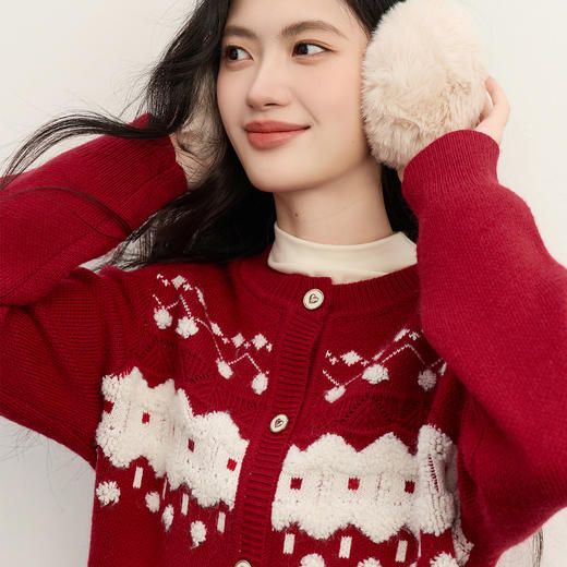 【周末秒杀】熙世界圣诞红色毛衣开衫女2025秋冬新款圆领费尔岛提花针织短外套 商品图4