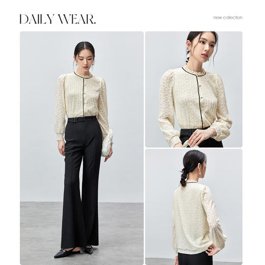 【内购】时尚优雅花边圆领泡泡袖撞色织带长袖夹亮片蕾丝上衣-153SA3595X 商品图2