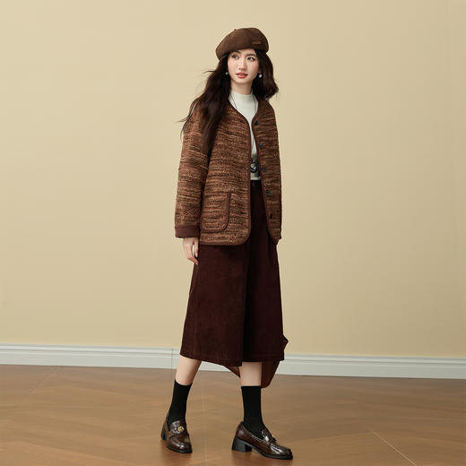 【11/19新品】熙世界小香风圆领复古毛呢外套女秋冬高级感圈圈绒感夹棉开衫上衣 商品图3