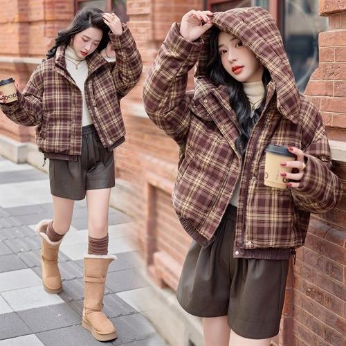 HR YJLY86822韩系短款羽绒服韩版休闲格纹连帽羽绒服帽子可拆 商品图3