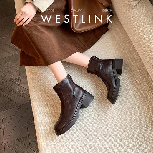 西遇厚底短靴女新款秋冬复古百搭黑色马丁靴子圆头增高瘦瘦靴V2257253 商品图3