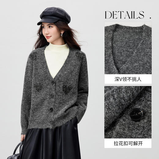 【内购】【璀璨爱心图案】V领拉花扣宽松显瘦含绵羊毛软糯弹力开衫毛衣-W54WN3871 商品图3