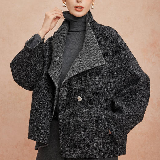 QH909斯尔丽2025新款韩版宽松廓形斜纹杂花纹理时尚双面双色羊毛大衣 商品图10