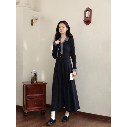 鹿向南「一念清净」韩系气质藏青色连衣裙女秋冬假两件针织打底裙 商品图3