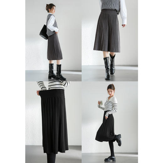 【内购】时尚通勤A字压褶加宽松紧带垂感大摆显瘦毛织半身裙百褶裙-W44Q56687 商品图1