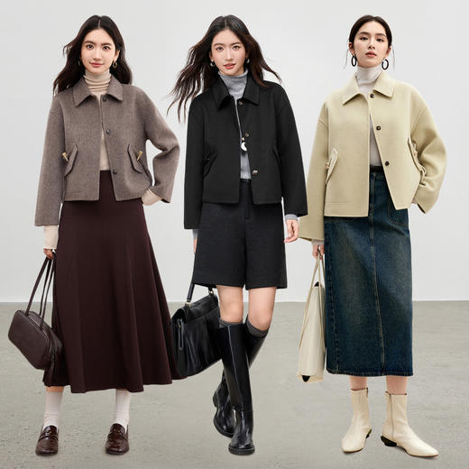 【内购】阿拉善翻领大衣女冬时髦羊角扣袋盖口袋双面呢羊毛外套-W54OC3308X 商品图2